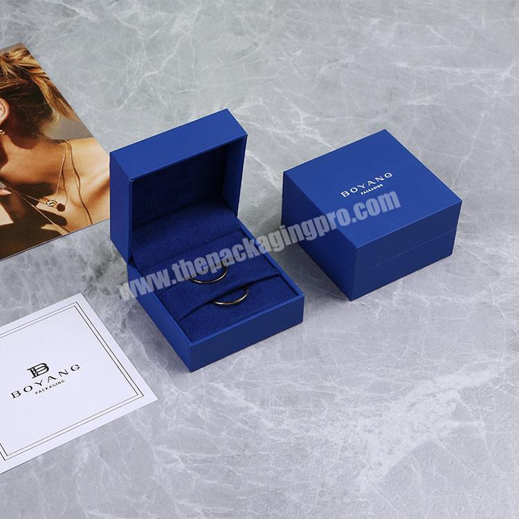 Boyang Custom Luxury Wedding Blue Paper Double Ring Jewelry Box Set