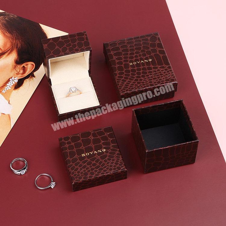 Boyang Luxury Custom Logo Printed Lizards Texture Brown Paper Jewelry Packaging Box for Ring