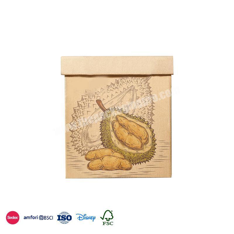 China Hot Sale Custom Square with cutout lid and secure hand strap with durian pattern fruit paper box factory