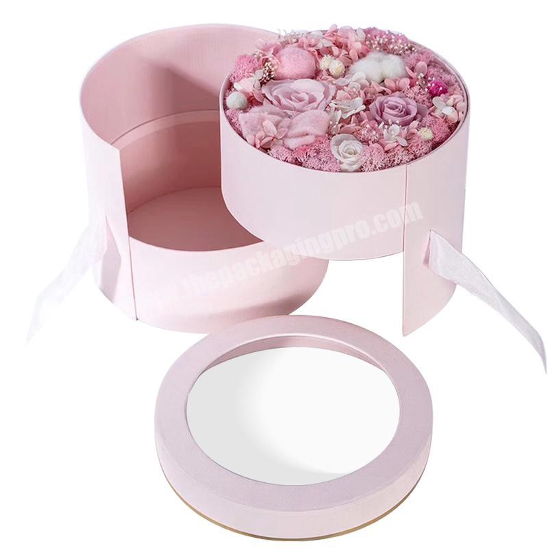 Couples Two-layers Rotary Small Packaging With Logo Flower Gift Round Paper Box With Window Lid