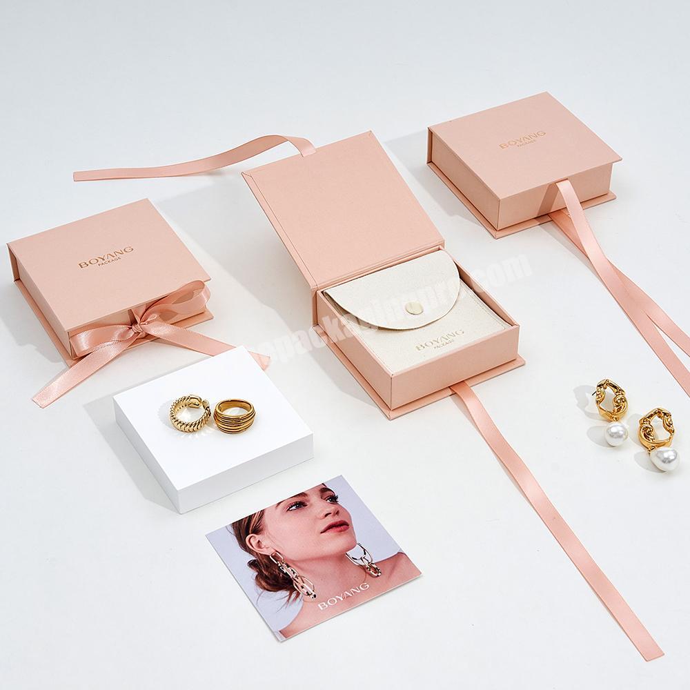 Custom Biodegradable Pink Ribbon Ring Pendant Necklace Bracelet Earring Packaging Jewelry Boxes with Logo