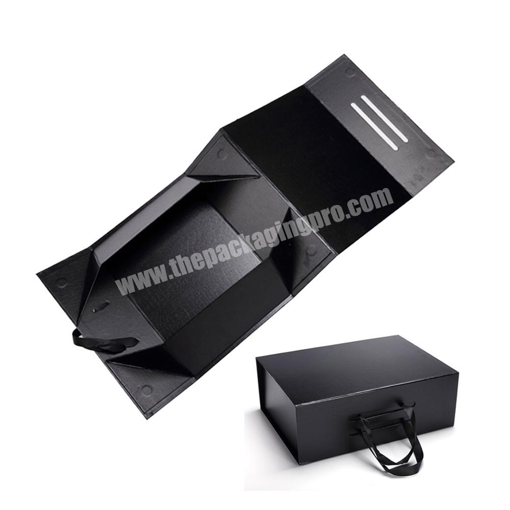 Custom Branding Matte Black Magnetic Closure Paper Gift Box For Garments Ribbon Handle Rectangular Folding Clothing Packaging