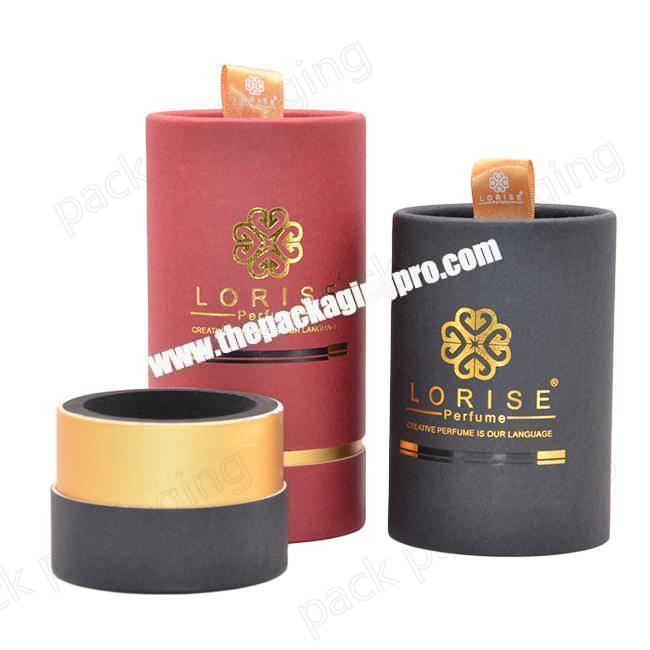 Luxury gold foil stamping logo perfume fragrance paper tube packaging with silk ribbon handle and EVA foam inside