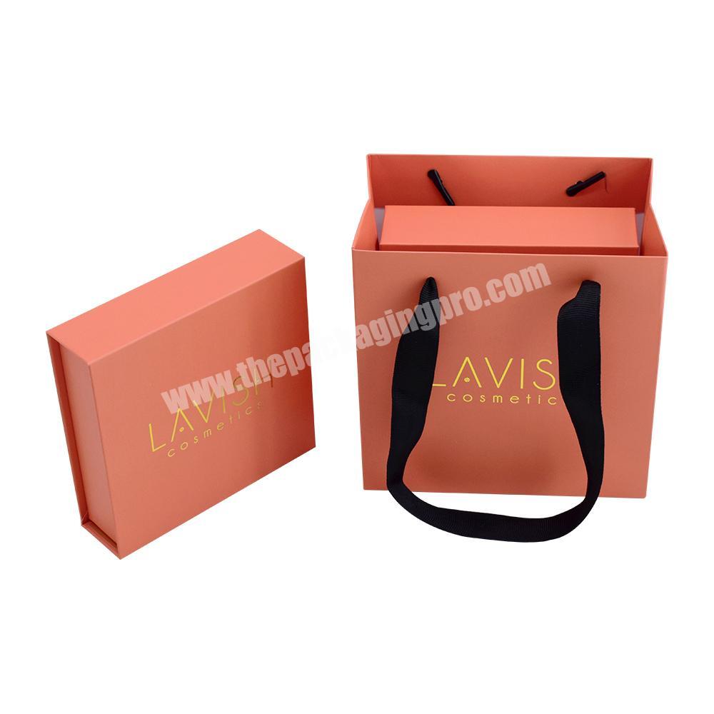 custom Custom Gold Foil Logo Stamped Rigid Paper Magnetic Box with Eva Foam Insert for Cosmetic Glass Bottle Packaging with Paper Bag 