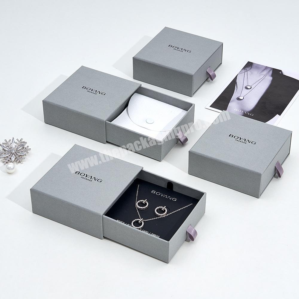 Custom Grey Paper Drawer Jewelry Necklace Earing Ring Box Packaging with Pouch