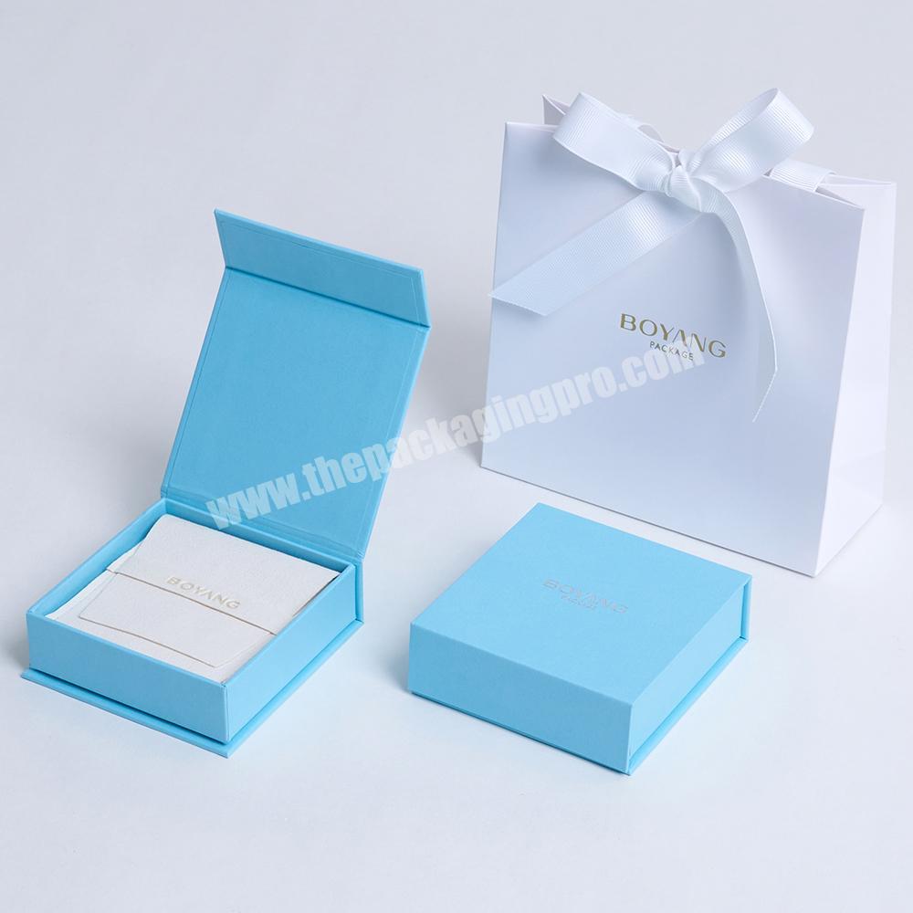 Custom Logo Book Shape Light Blue Paper Jewelry Packaging Box for Necklace Earring