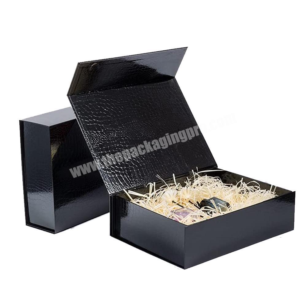 Custom Logo Design Magnetic Lids Large Gift Boxes Presents Black Crocodile Texture Luxury Sturdy Box Foldable Magnetic Gift Box