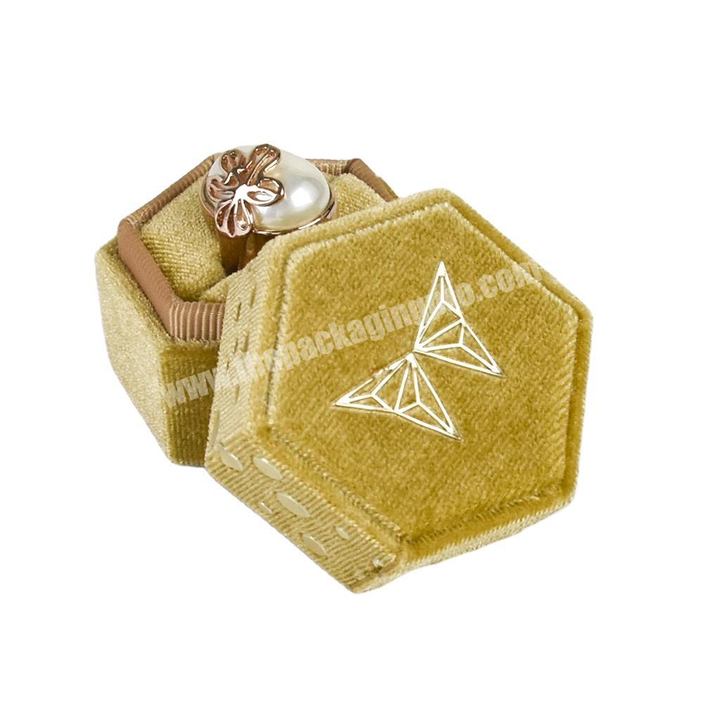 Custom Logo Hexagon Gold Foil Spotted Velvet Ring Box Jewellery Gift Box Packaging For Wedding Rings Packaging