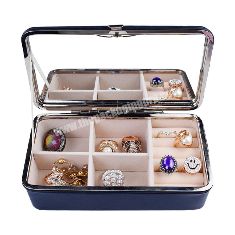 Custom Logo Luxury Black Large Jewelry Box Travel Ring Necklace Watch Bracelet Leather Packaging Storage Box With Clear Mirror