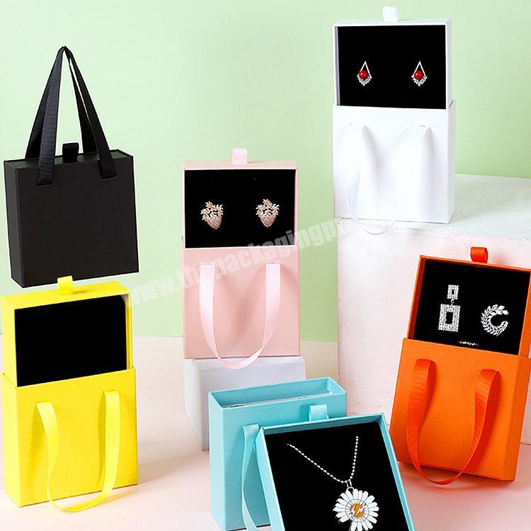 Custom Logo Printed Luxury Drawer Sliding Jewelry Packaging Gift Box with Ribbon Handle