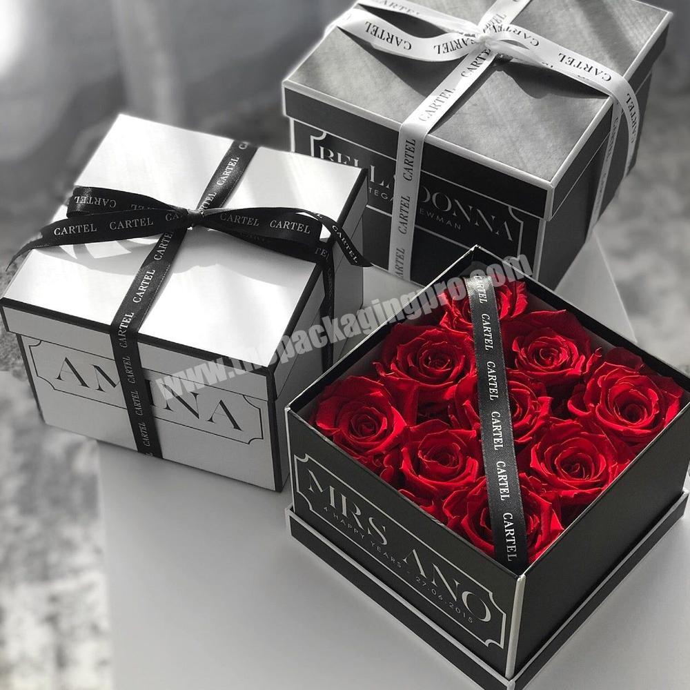 Custom Logo Square Flower Packaging Box With Ribbon I Love You Mom Preserved Roses Flower Gift Box Packaging Luxury Flower Box