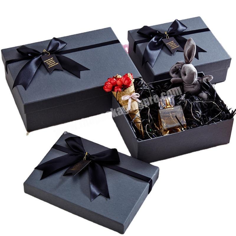 Custom Luxury Black Cardboard Paper Wedding Gift Box Packaging with Ribbon