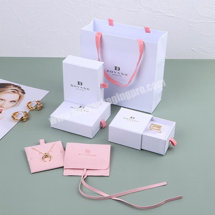 Custom Luxury White Drawer Necklace Ring Earring Packaging Paper Small Jewelry Boxes Packaging with Jewelry Bag