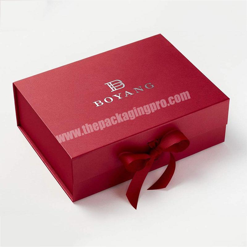 Custom Rigid Red Foldable High End Folding Apparel Gift Paper Boxes With Ribbon
