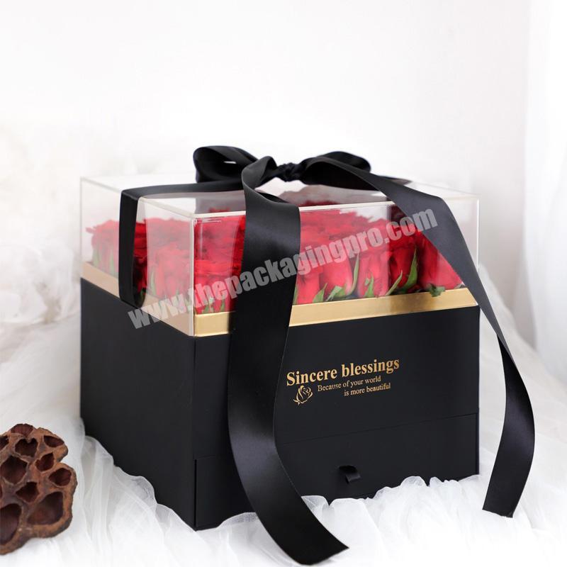 Custom Unique Square Paper Preserved Rose Flower Gift Packaging Box With Clear Lid For Wedding Favour Flowers Waterproof