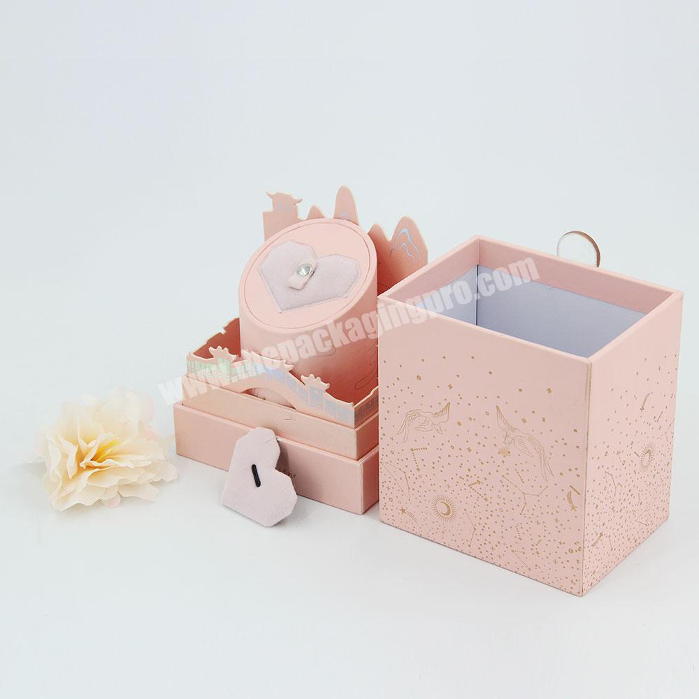 Custom Wooden Ring Jewelry Packaging Gift Box Surprise Gift Box with Lid Pink Cardboard Wedding Gift Packaging Box
