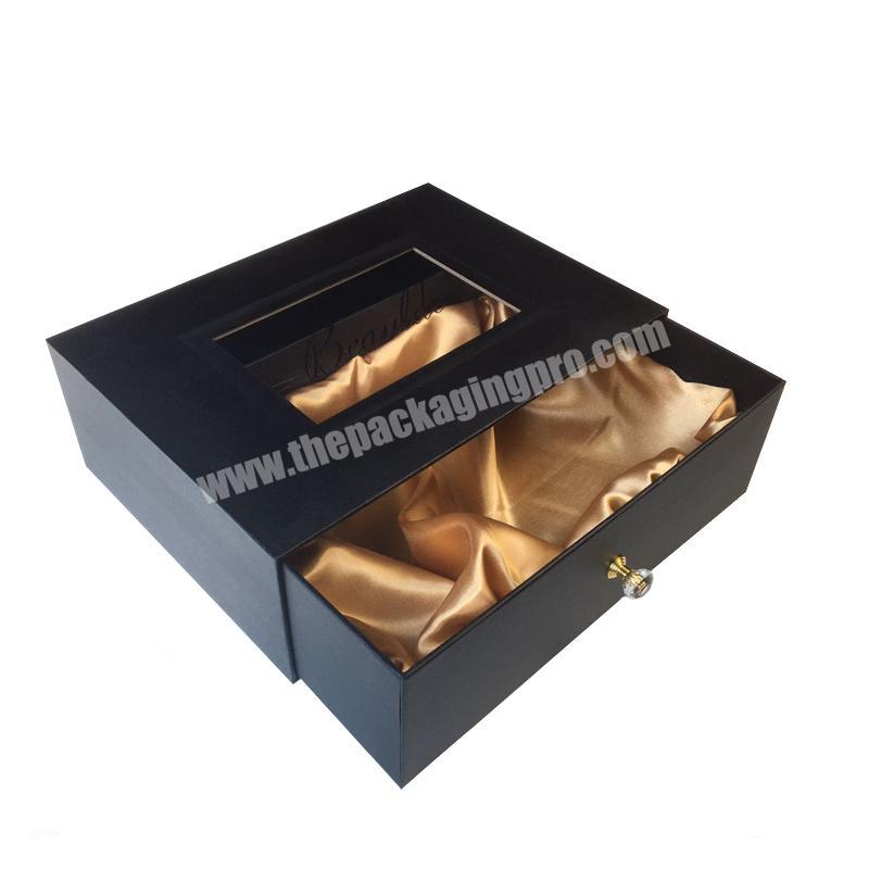 Custom black hair extension packaging box with gold satin and crystal handle