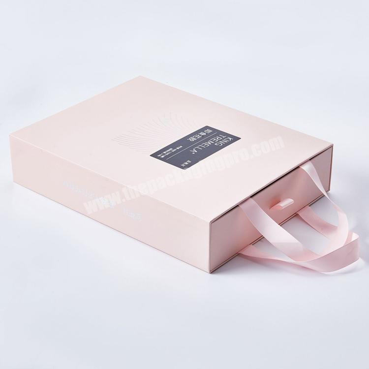 Custom design clothing packaging pink hijab gift box drawer style with ribbon handles