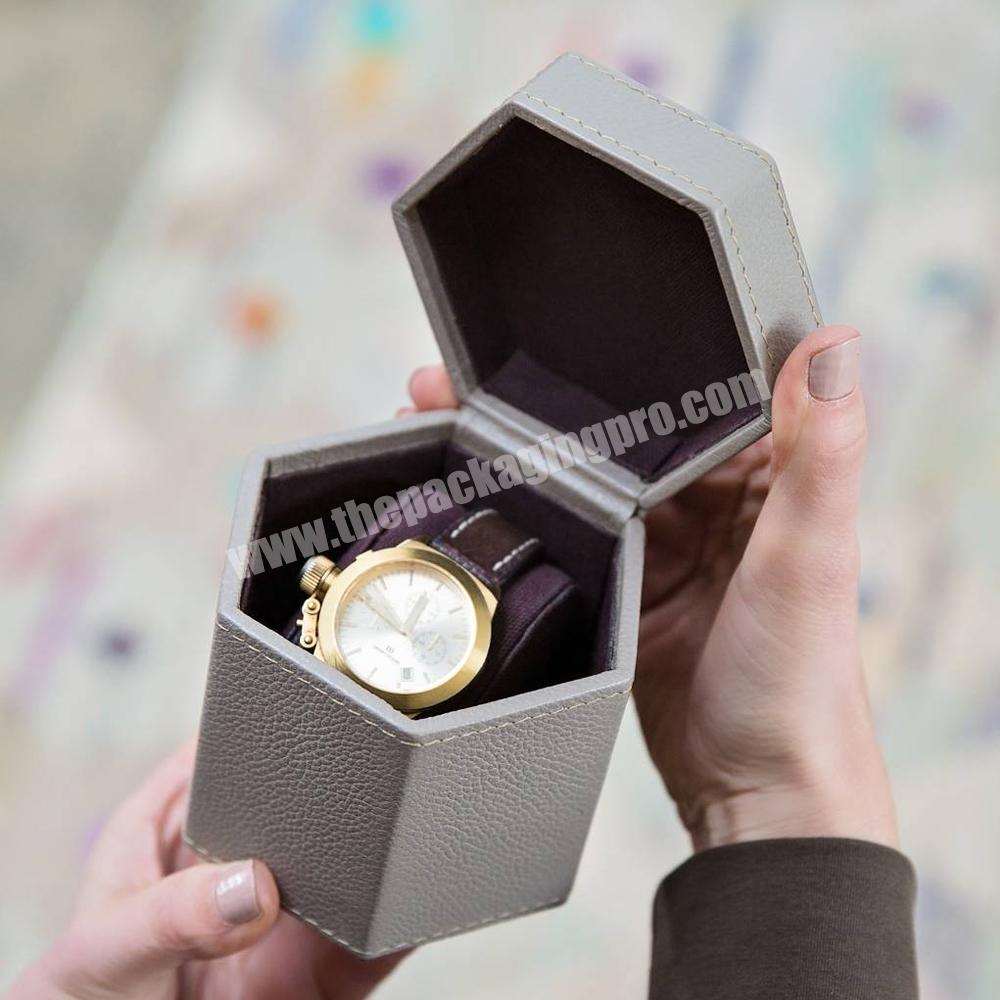 Custom design hexagon suede wrist watch set box glass leather portable travel watch band gift box new luxury watch storage box