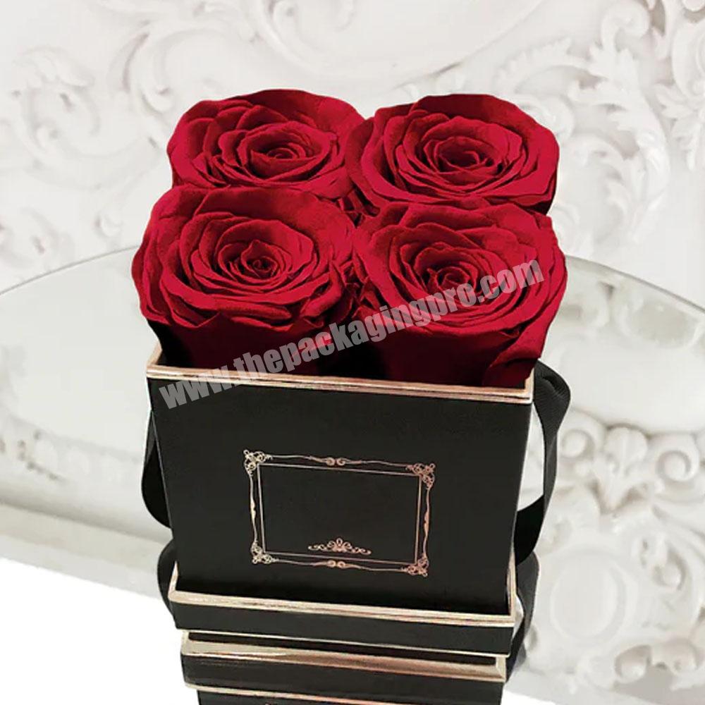 Custom gold foil square paper bouquet flower gift box preserved roses square flower box with ribbon handle luxury flower box