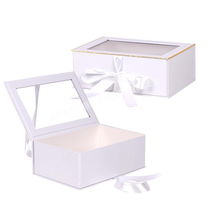 Custom logo fold magnet kraft paper box clothing folding storage box gift folding boxes with pvc window and ribbon