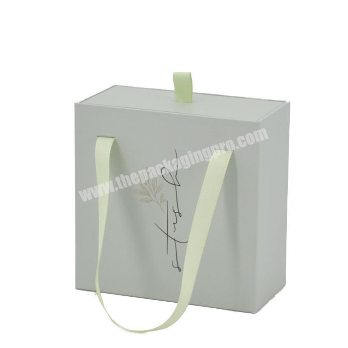 Custom logo printing eco friendly rigid sliding drawer box luxury gift packaging box for jewelry storage with ribbon handle