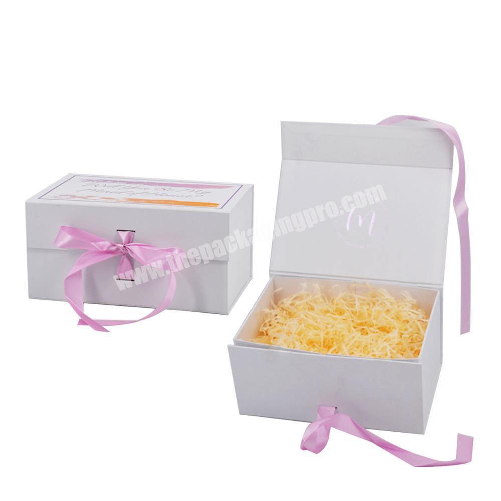Custom logo white folding paper cardboard clothing gift packaging boxes with color ribbon luxury magnetic box with ribbon