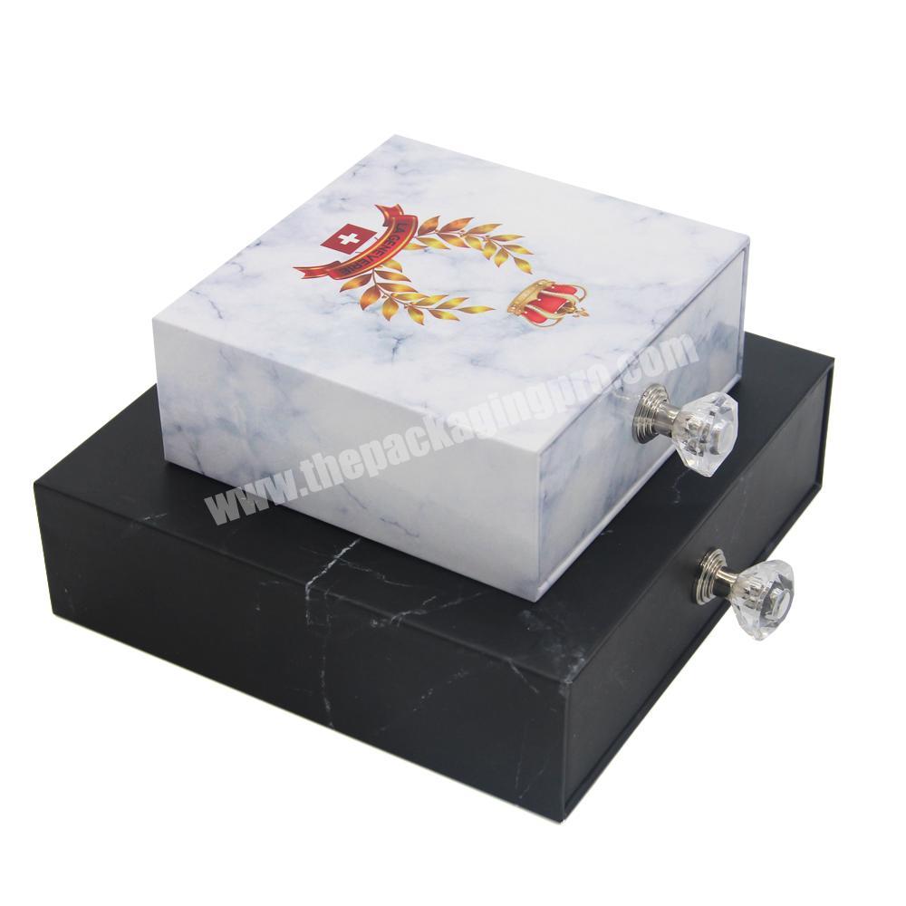 Custom luxury drawer white black marble pattern printed gift box jewelry diamond packaging boxes with foam insert