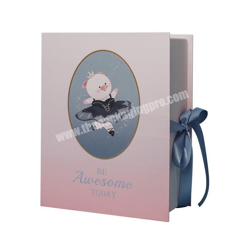 Custom luxury logo printed Book shape foldable gift box with ribbon for baby clothes