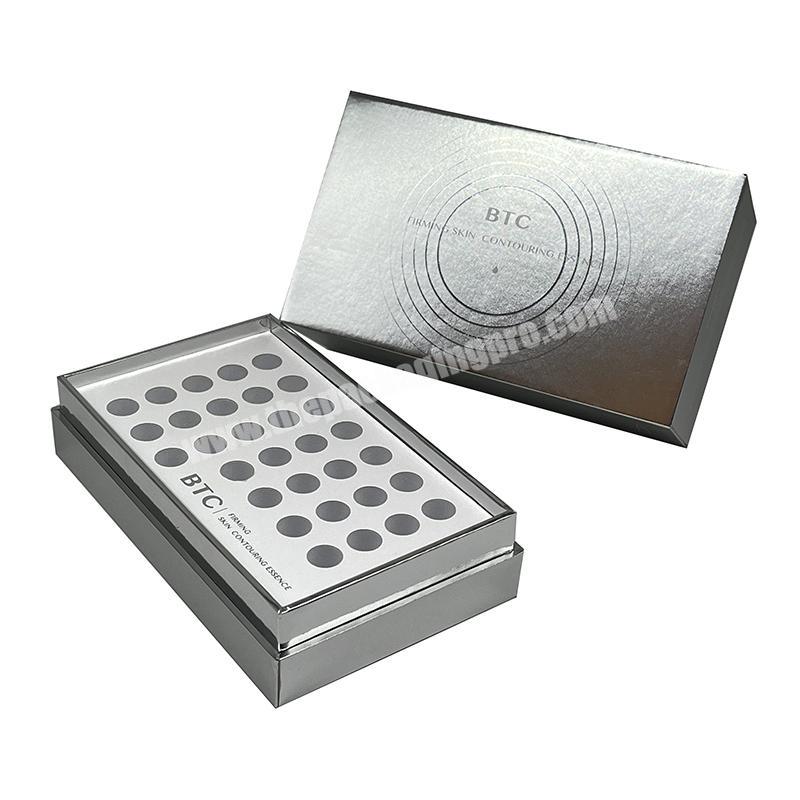 Custom metallic silver color essential oil essence hyaluronic acid skin care products gift box packaging with EVA slots