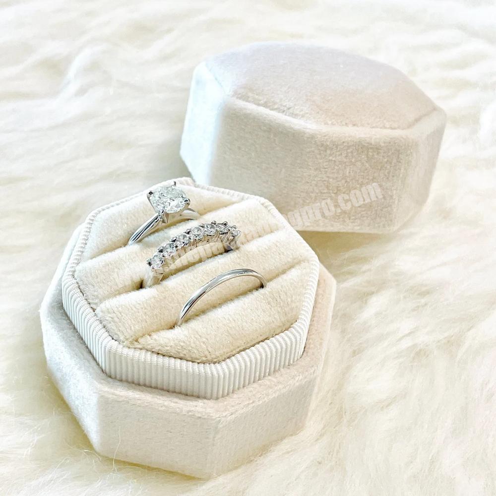 Custom octagon monogram velvet triple ring packaging wedding ring gift box packaging jewelry gift box velvet ring jewelry boxes
