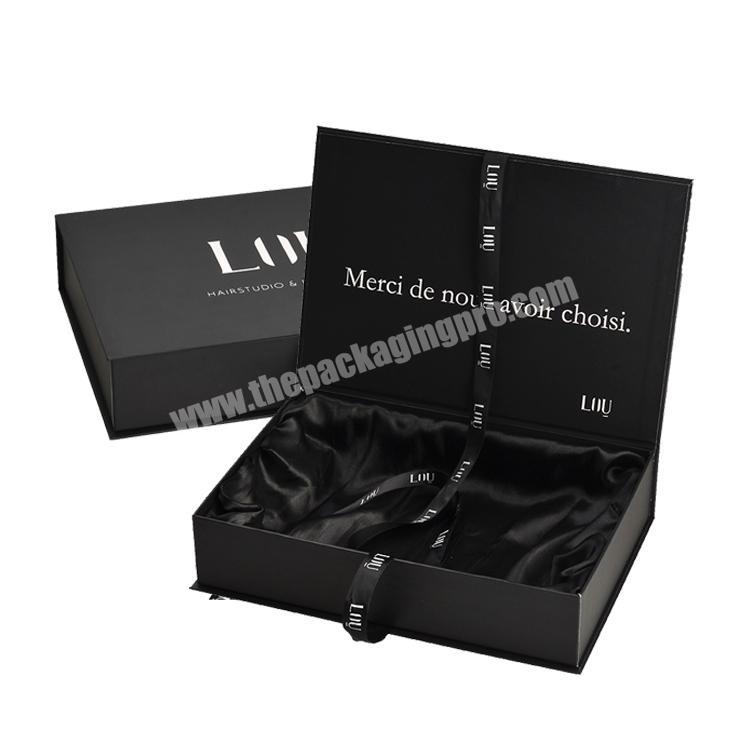 Customized Black Book Shaped Luxury Magnetic Wig Hair Extensions Gift Packaging Paper Box with Ribbon