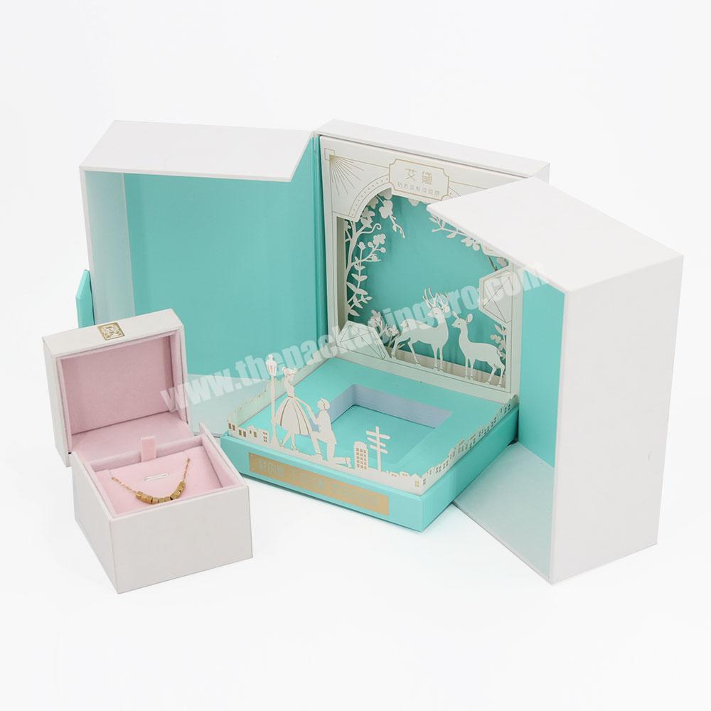 Customized High Quality Fashion Women Jewelry Luxury Box Sweet Set Shiny Blue Jewelry Box Double Flower Jewelry Packaging Box