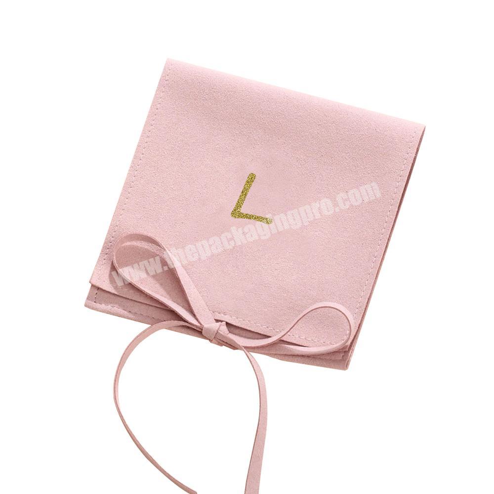 Customized Pink Color Suede Pouches Private Stamping Logo Gift Packing Microfiber Folding Jewelry Pouch