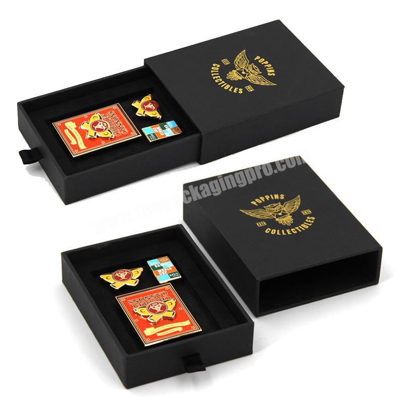 Customized logo printing small gift box badge necklace jewelry drawer gift box black graduation drawer gift box with foam factory