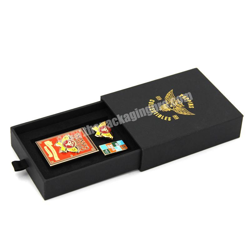 custom Customized logo printing small gift box badge necklace jewelry drawer gift box black graduation drawer gift box with foam 