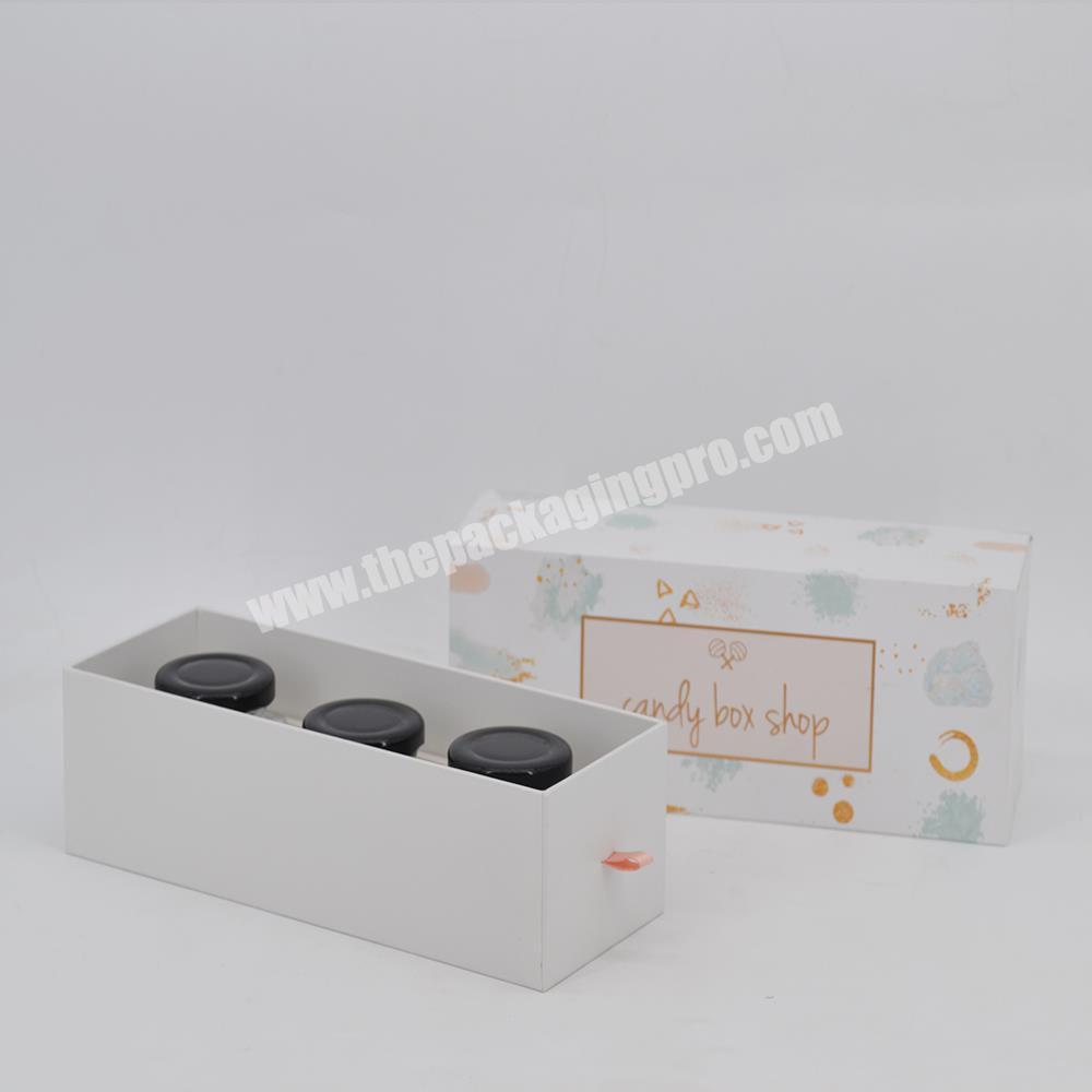 Customized printing jewelry packaging with drawer box small gift jar drawer packaging box with ribbon handle drawer gift box