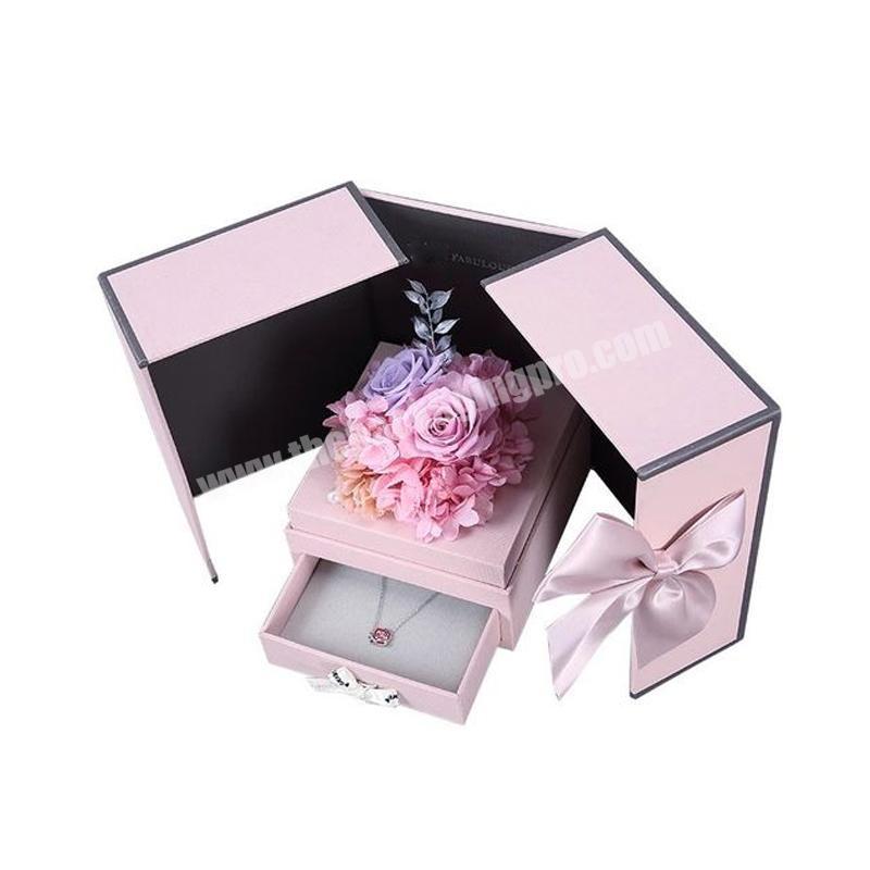 Design Pink Rose Flower Environmental Paper Box Packaging Heart Shape And Drawer Flower Paper Box With Ribbon