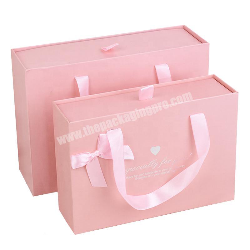 Eco-friendly paperboard pinkblue drawer gift box with ribbon  handle  for Lingerieunderwear packaging