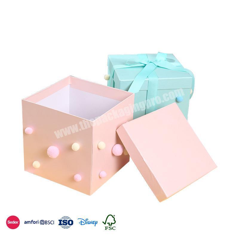 Factory Direct High Quality Fresh color cube with small cotton ball embellishment envelope gift box valentines