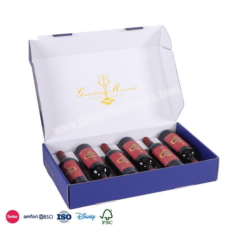 Factory Direct Sale High Quality Blue minimalist packaging flip wine bottle carton gift box for 6 bottle