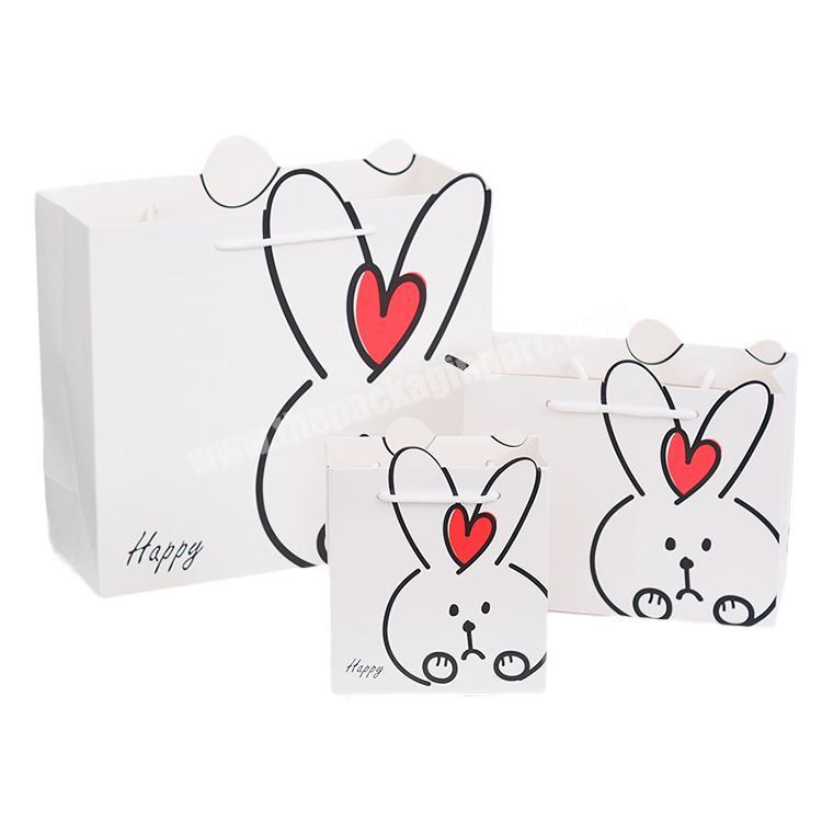 Factory Low Price Cartoon Animal Gift Bag With Handle White Pink Heart Rabbit Pattern Paper Shopping Bag factory