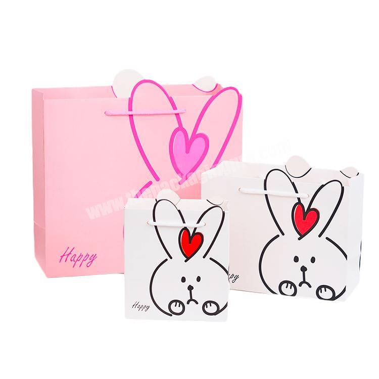 Factory Low Price Cartoon Animal Gift Bag With Handle White Pink Heart Rabbit Pattern Paper Shopping Bag manufacturer