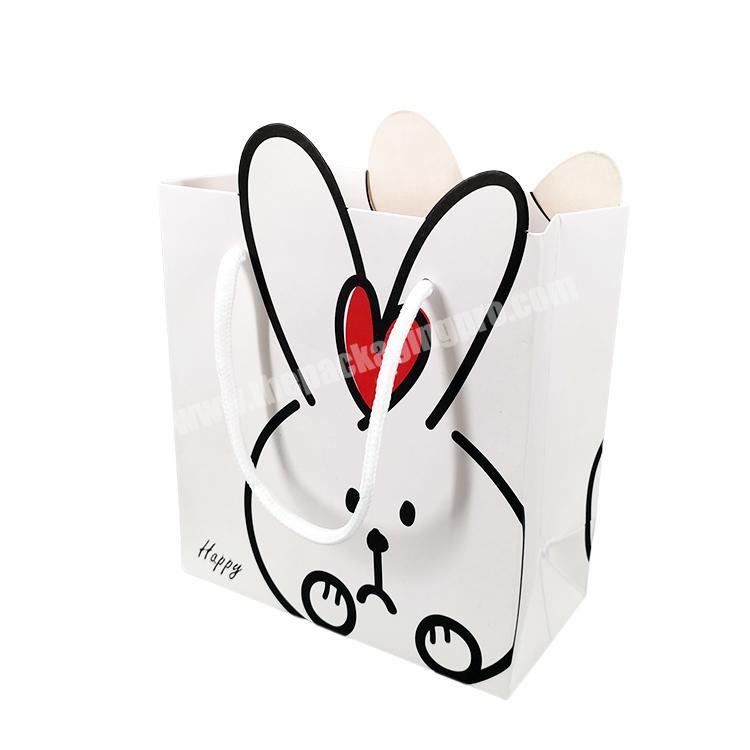 personalize Factory Low Price Cartoon Animal Gift Bag With Handle White Pink Heart Rabbit Pattern Paper Shopping Bag