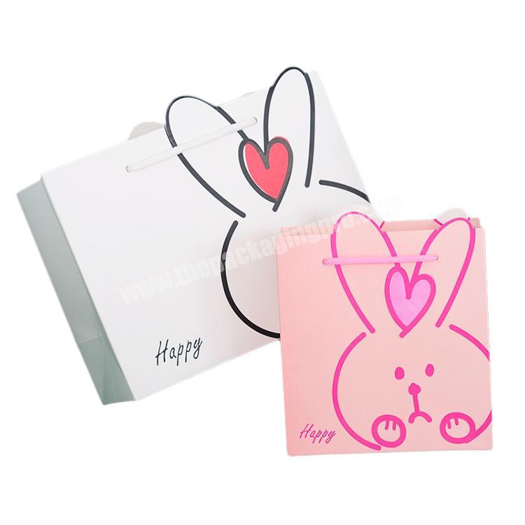 Factory Low Price Cartoon Animal Gift Bag With Handle White Pink Heart Rabbit Pattern Paper Shopping Bag
