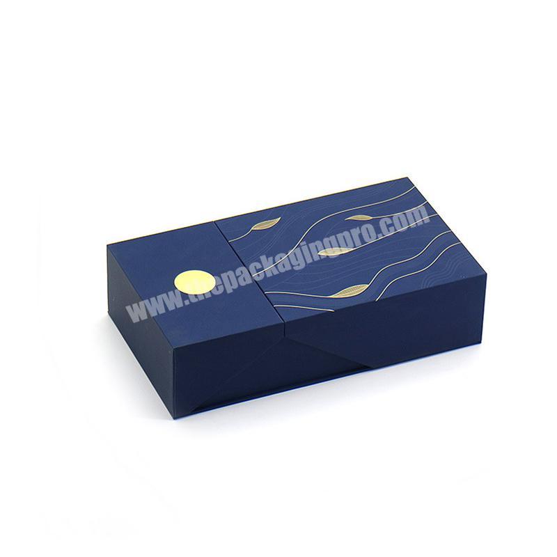 Factory handmade custom logo printing blue gift box hot stamping matte film double open cardboard packaging gift box