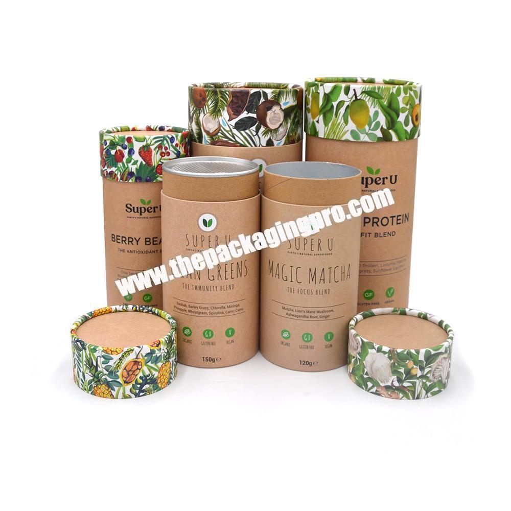 Custom Biodegradable Food Grade Offset Printing Cardboard Cylinder Tea Coffee Superfood Box Round Kraft Cardboard Tube