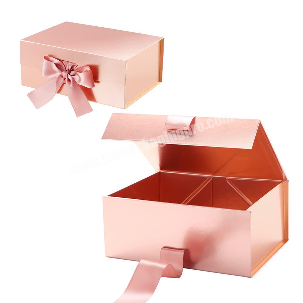 Glossy Rose Gold Gift Boxes with Ribbons Bridesmaid Proposal Collapsible Gift Boxes Custom Magnetic Closure Folding Gift Box