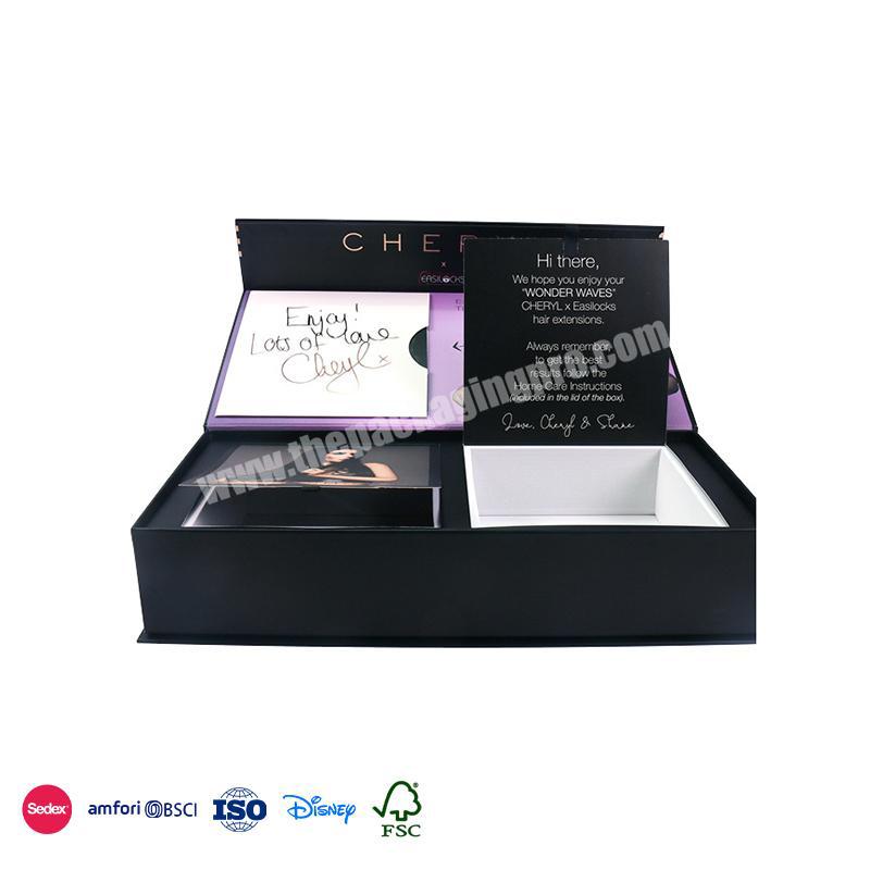High-End Custom Size Packaging Box Magnet Black Cardboard Paper Flip Gift Boxes Large Exquisite Cosmetic Box Of 2 Wigs