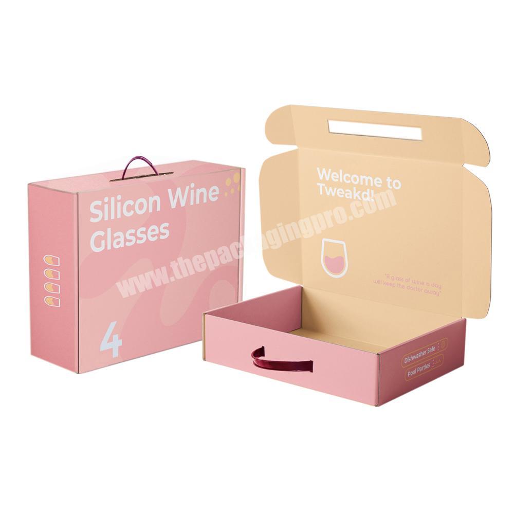 High Quality Pink Color Corrugated Delivery Custom logo Printed Packaging Mailing Box With Handle